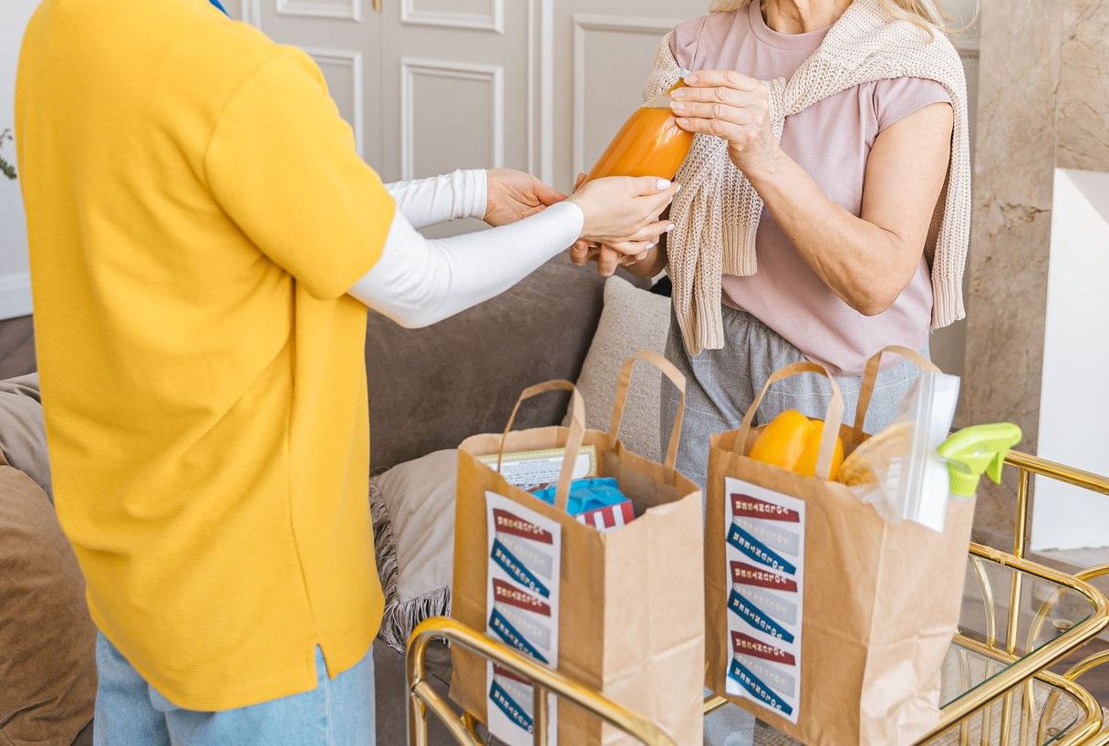 A senior woman receiving groceries from a young caregiver in a cozy living room setting.